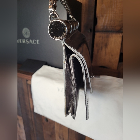 Versace Silver Mirrored Leather Flap Chain Shoulder Bag - Picture 10 of 16